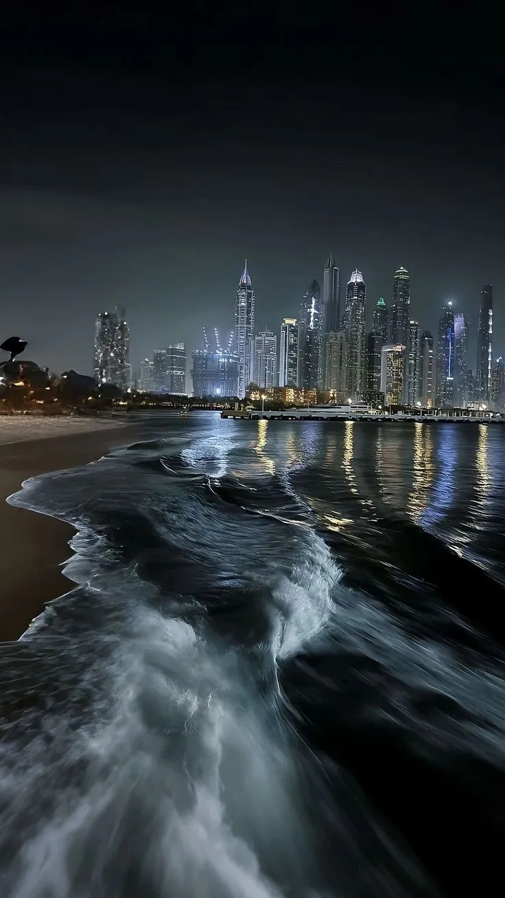 the city skyline is lit up at night over the ocean with waves crashing in front of it