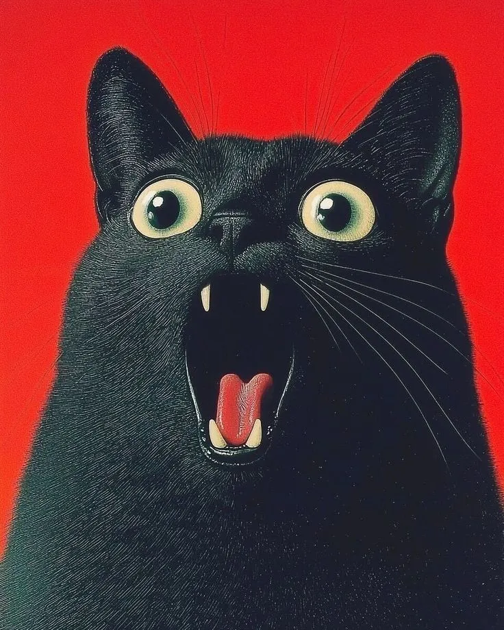 a black cat with its mouth open and it's tongue out