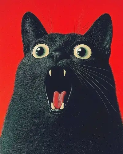 a black cat with its mouth open and it's tongue out