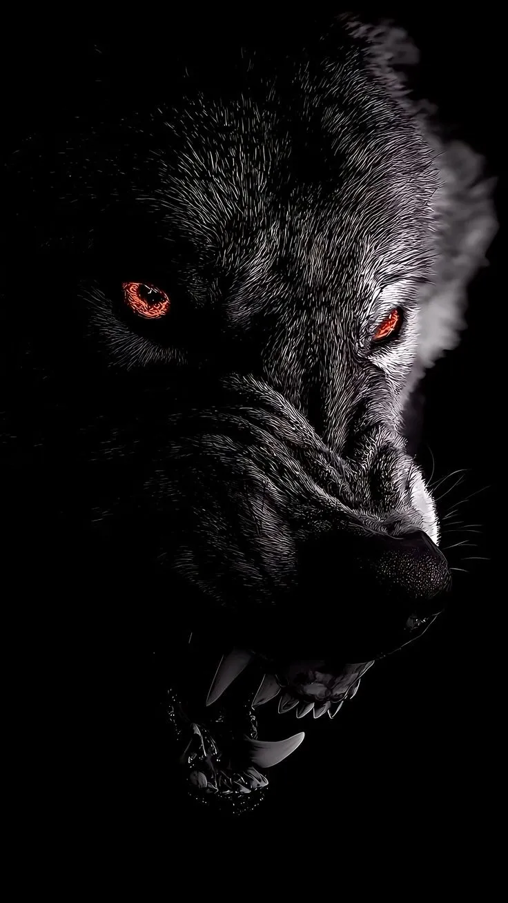 a black wolf with red eyes in the dark