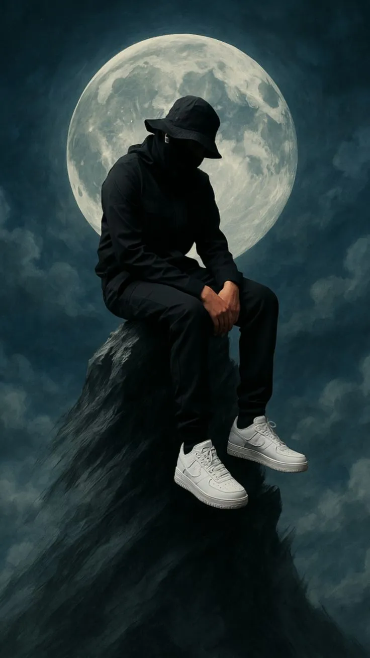 a man sitting on top of a mountain with a full moon in the sky behind him