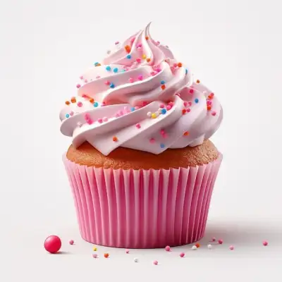 a pink cupcake with white frosting and sprinkles