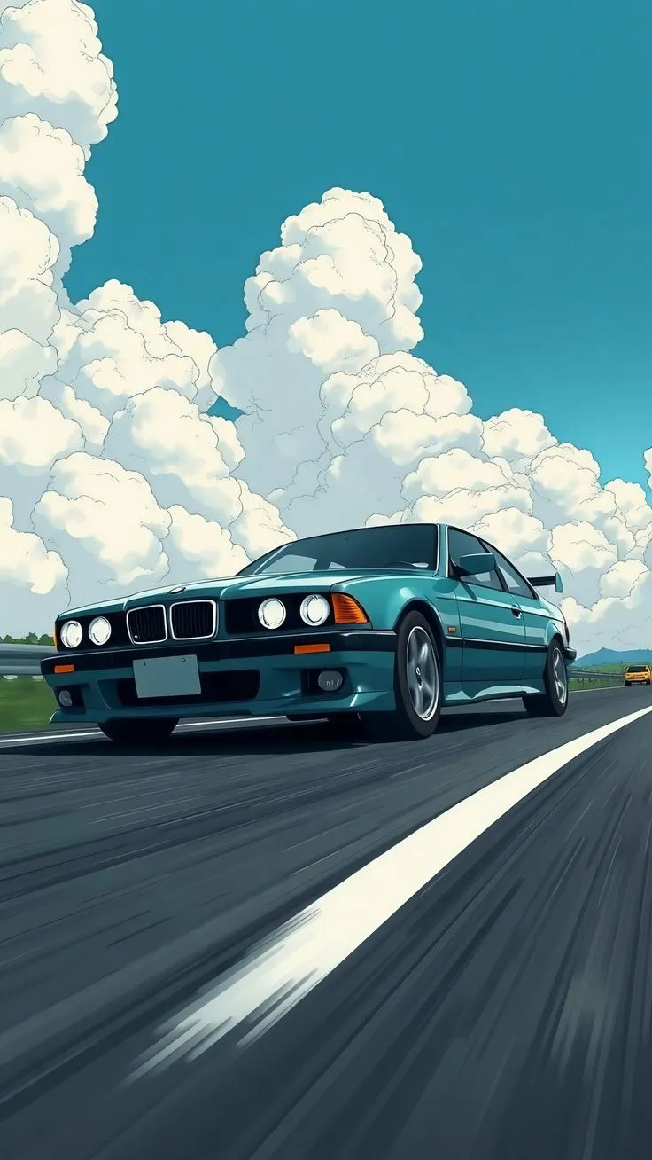 a painting of a blue car driving down the road with clouds in the sky behind it