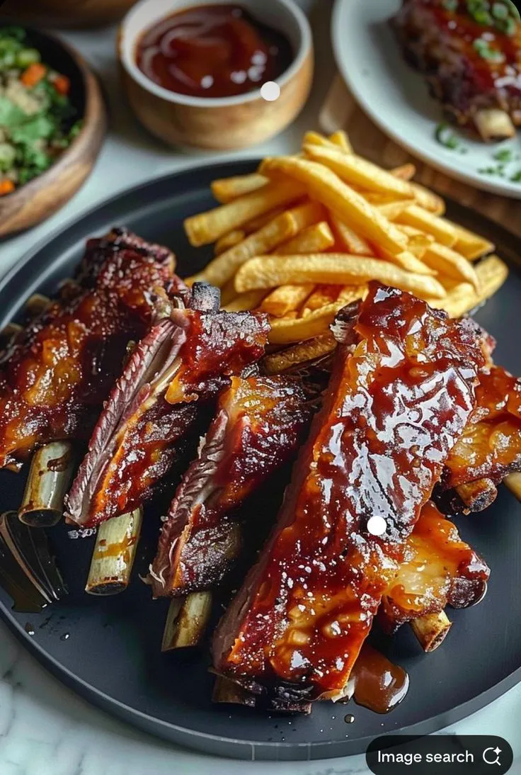 ribs and french fries on a plate with ketchup