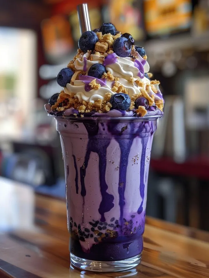 an ice cream sundae with blueberries and granola on top is sitting on a table