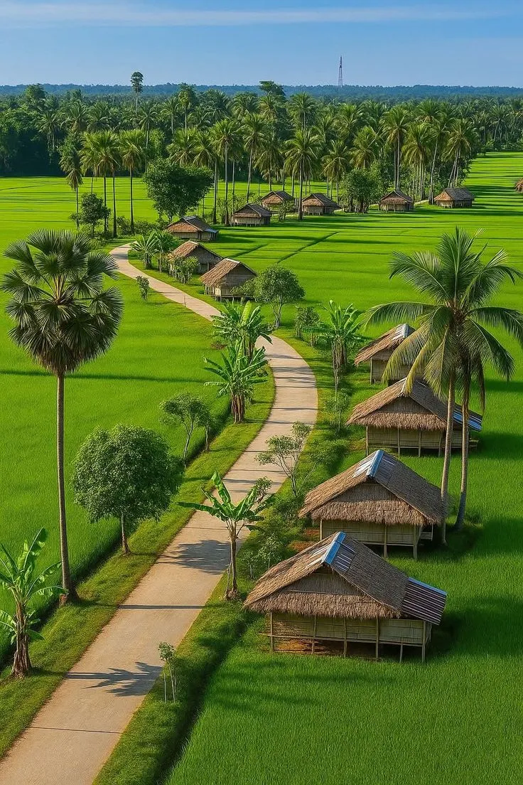 an aerial view of a rice field with huts and palm trees