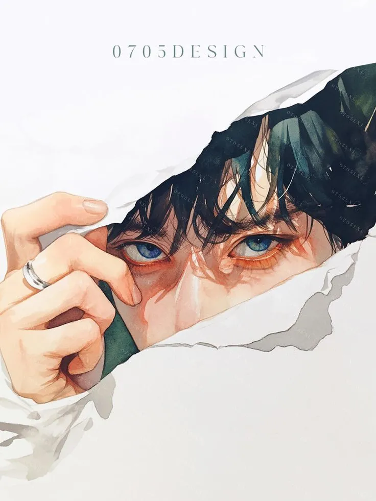 a painting of a man with blue eyes looking through a hole in the paper that reads 070design