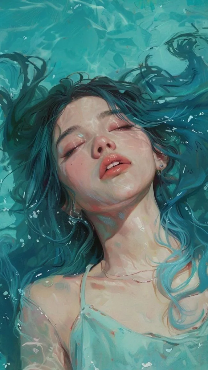 a painting of a woman with blue hair floating in the water and her eyes closed