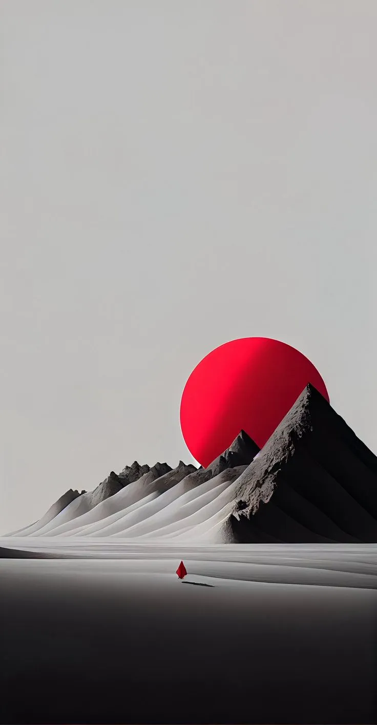 the sun is setting over an abstract mountain landscape with red and black shapes in the foreground