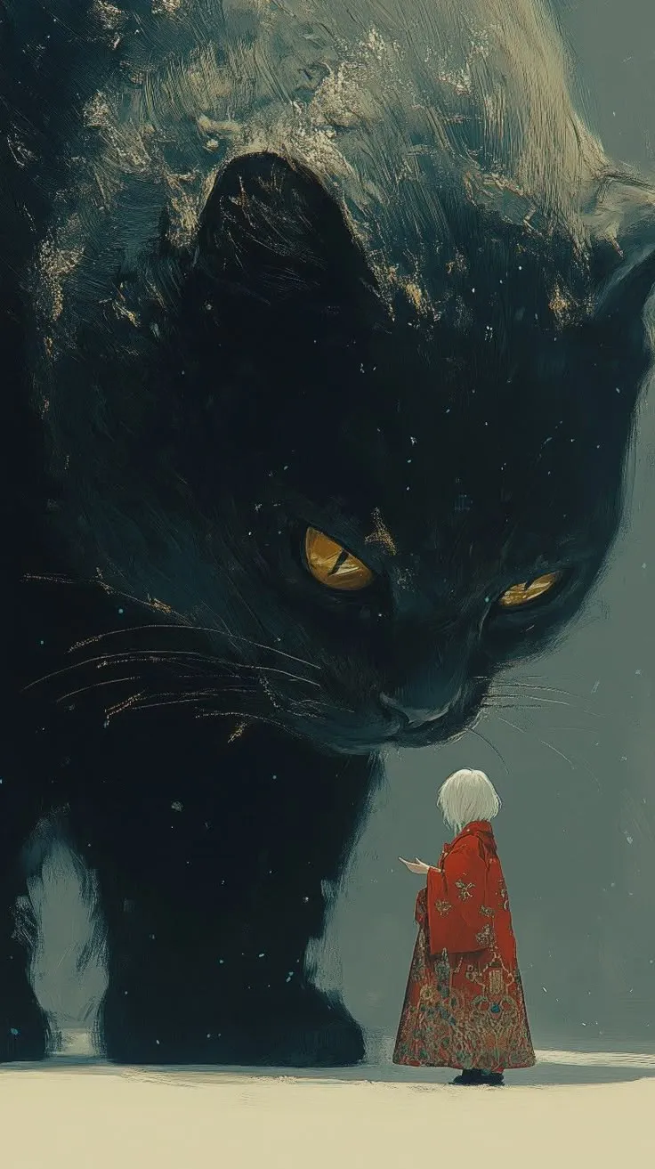 a black cat with yellow eyes and a red cape is standing in front of a person