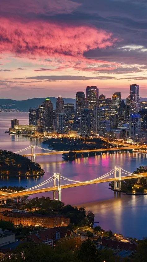 the city skyline is lit up at night, and it's lights shine brightly