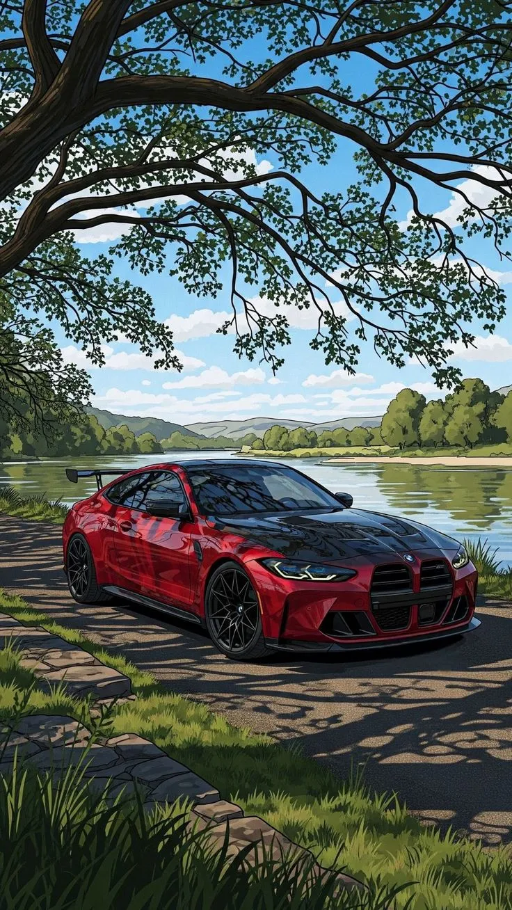 a red sports car parked on the side of a road next to a tree and water