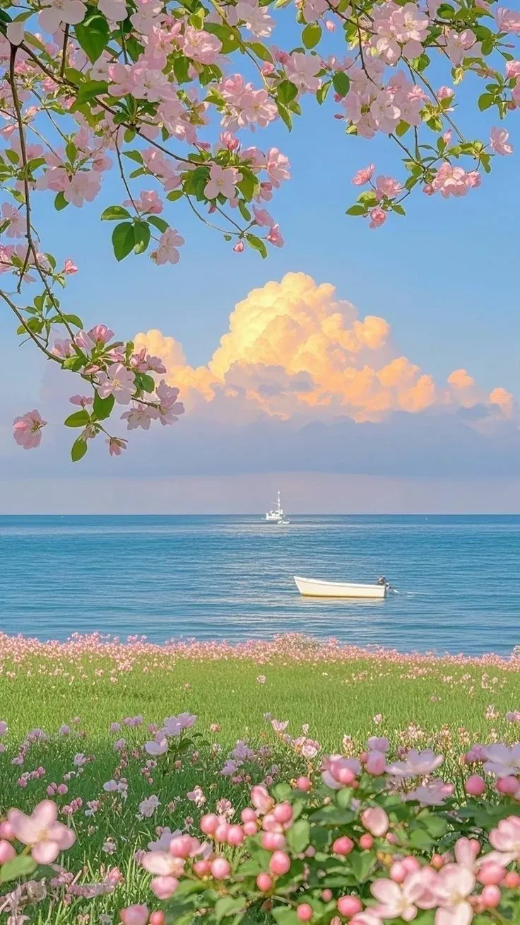 there is a boat that is in the water and some flowers on the grass by the beach