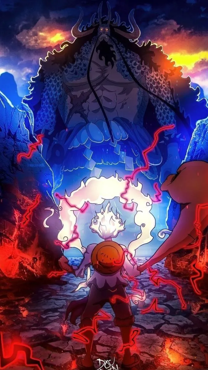 an anime character holding onto another character's head in the middle of a scene