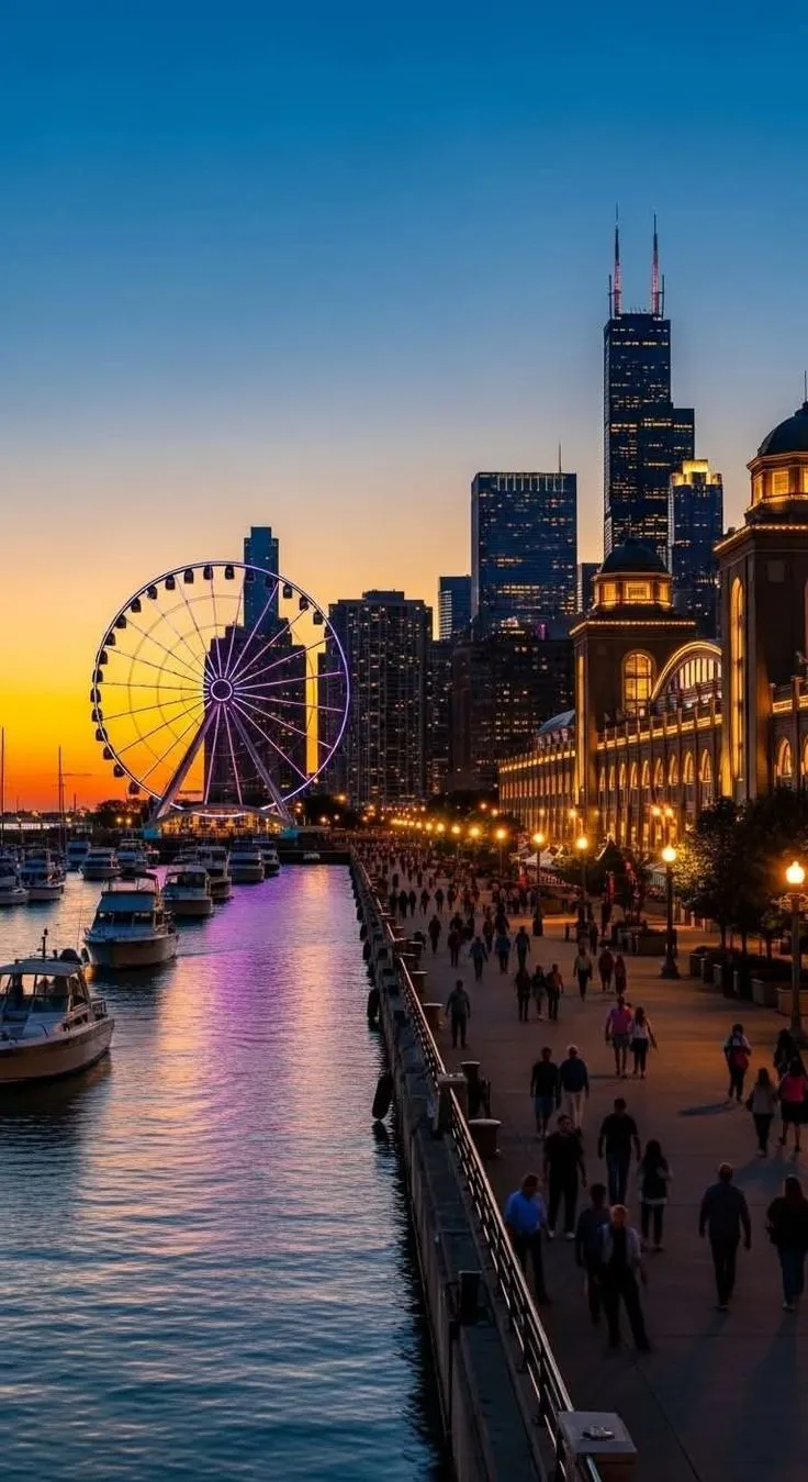 people are walking along the waterfront at dusk with ferris wheel in the distance and boats on the water