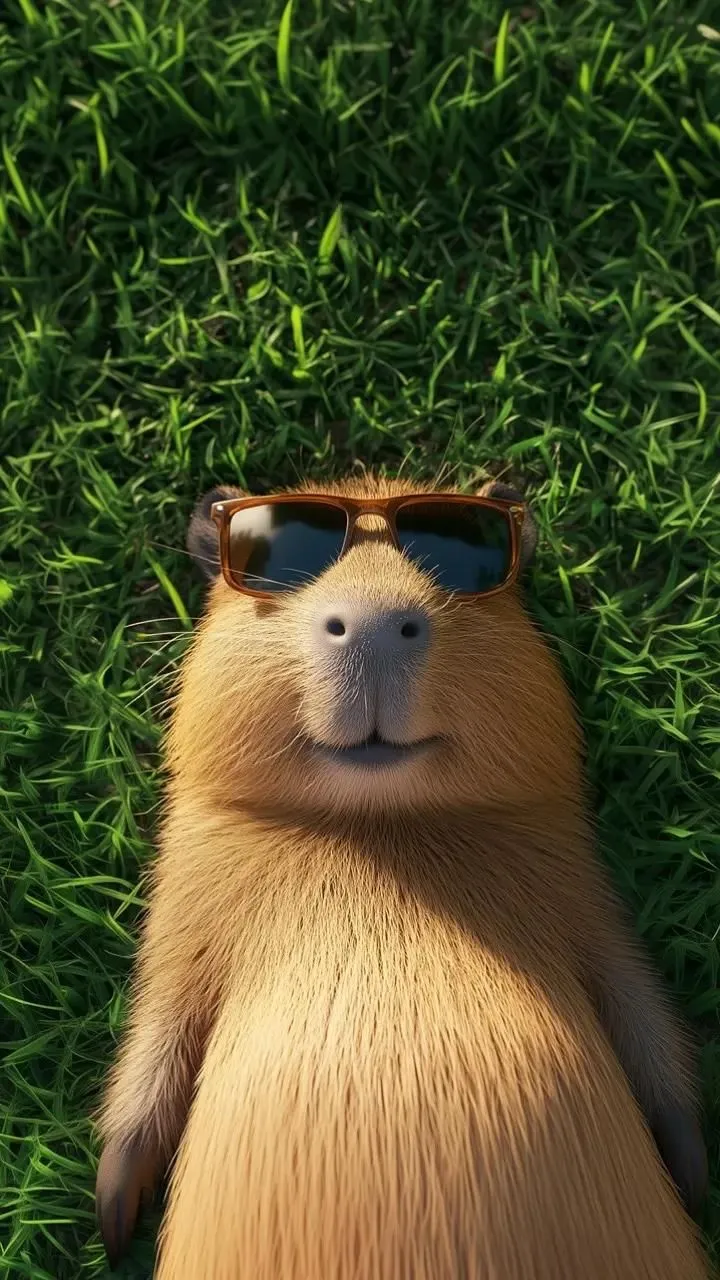 a small animal wearing sunglasses laying in the grass