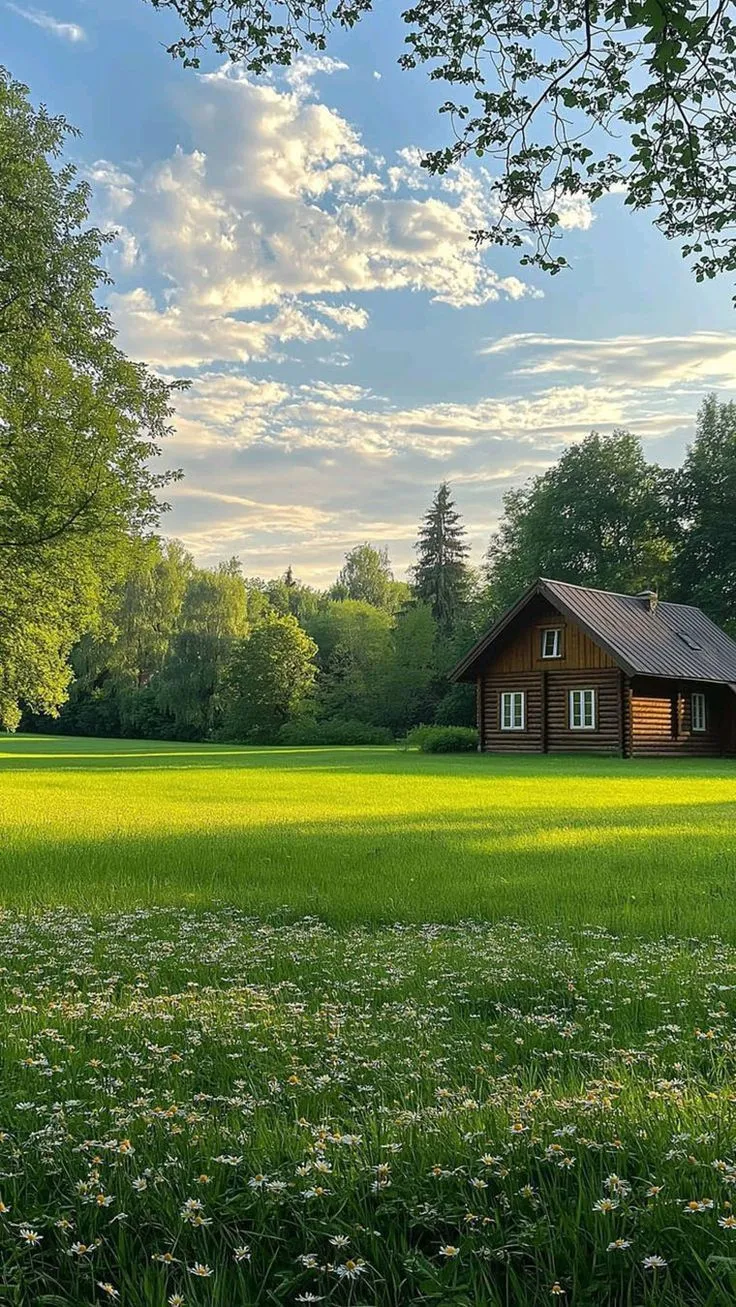 a small cabin sits in the middle of a green field with daisies on it