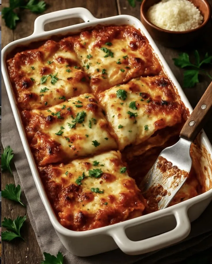 lasagna casserole with cheese and parsley in a white baking dish