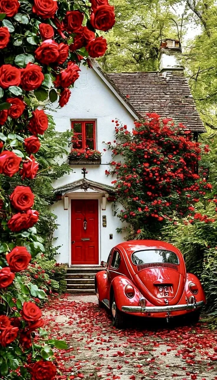 a red vw bug parked in front of a white house surrounded by flowers and greenery