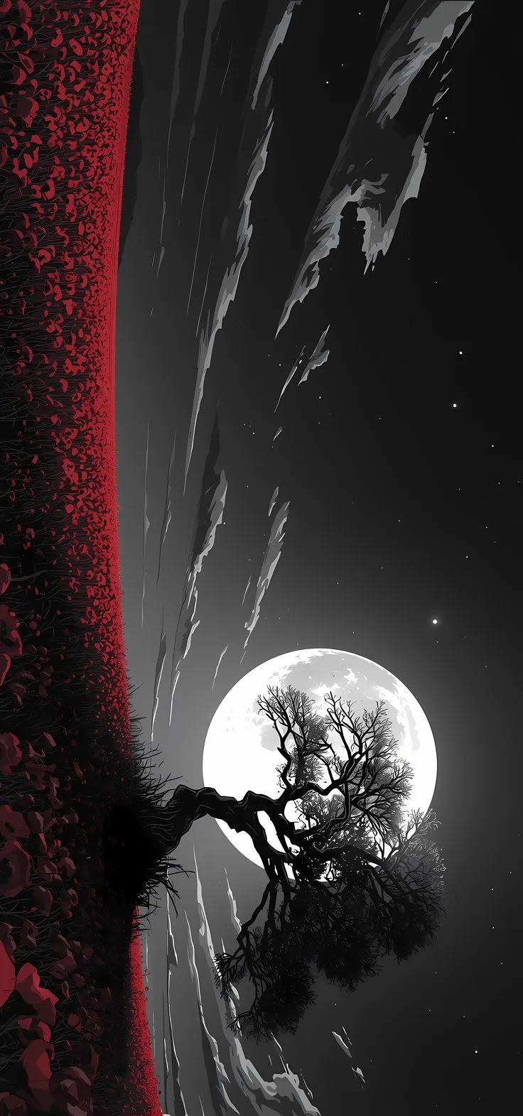 a black and white image of a tree in the moonlight