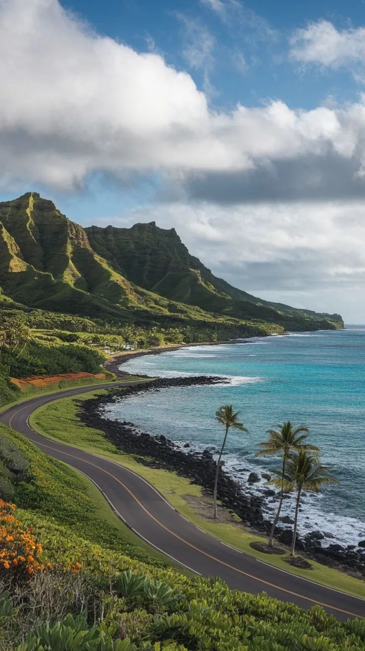 an empty road near the ocean with mountains in the background and flowers growing on the side