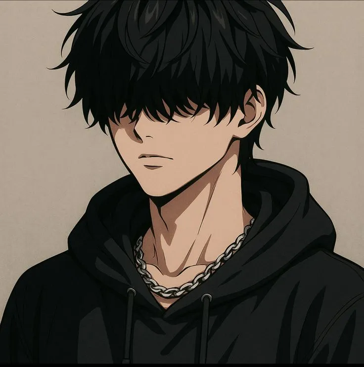 an anime character with black hair and a chain around his neck, staring at the camera