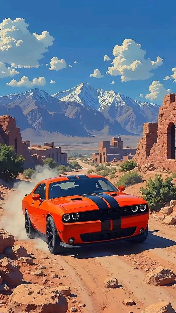 an orange sports car driving down a dirt road in the desert with mountains and clouds