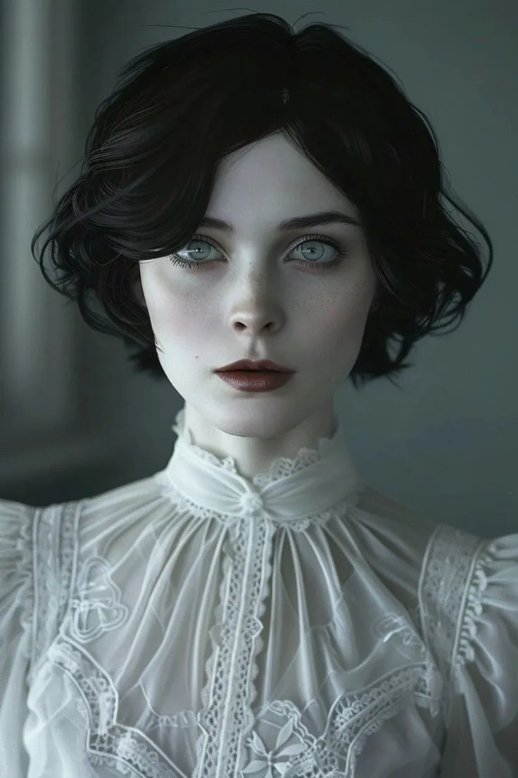 a woman with dark hair and blue eyes wearing a white blouse is looking at the camera