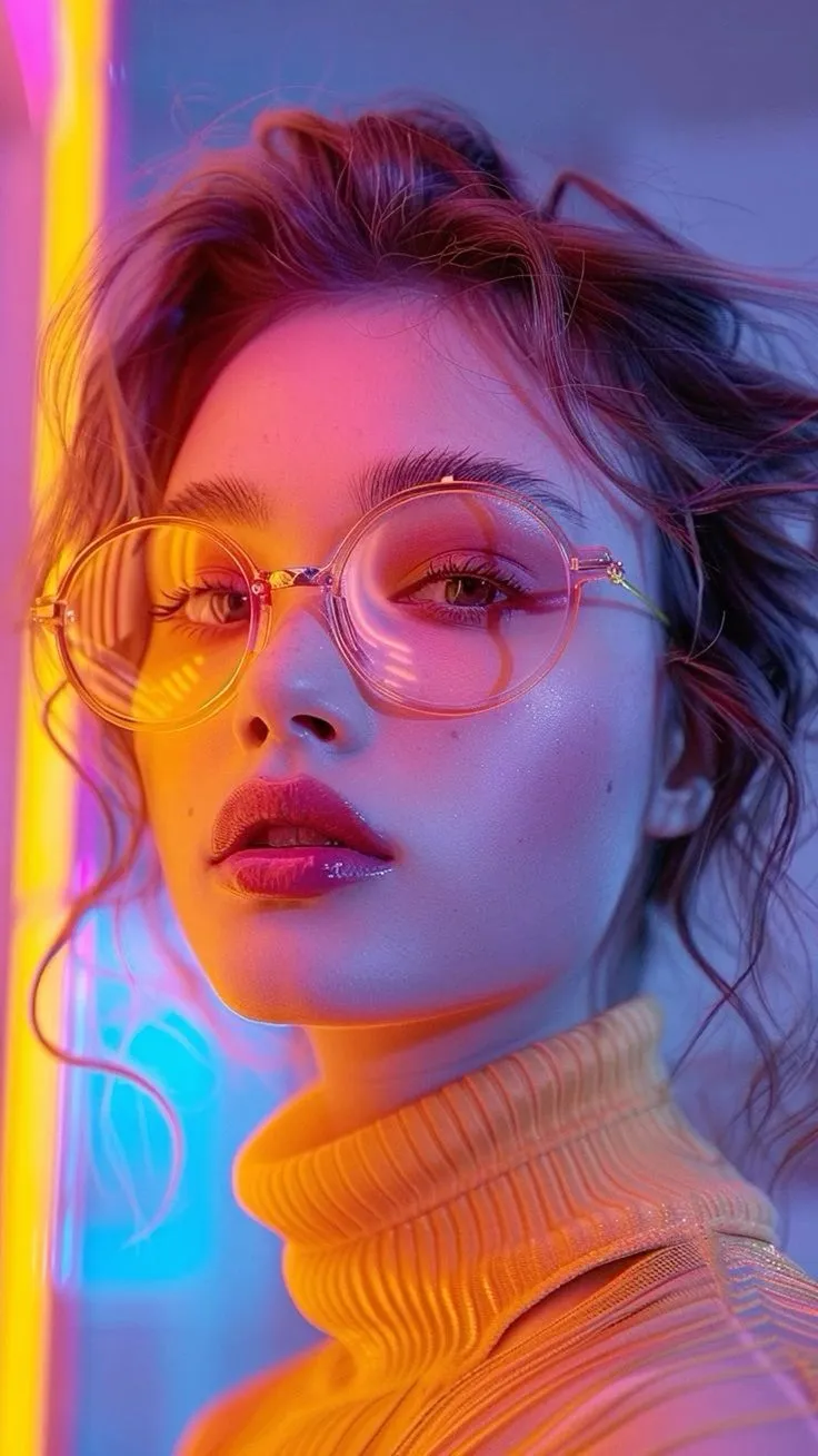 a woman wearing glasses and looking at the camera with her hair blowing in the wind