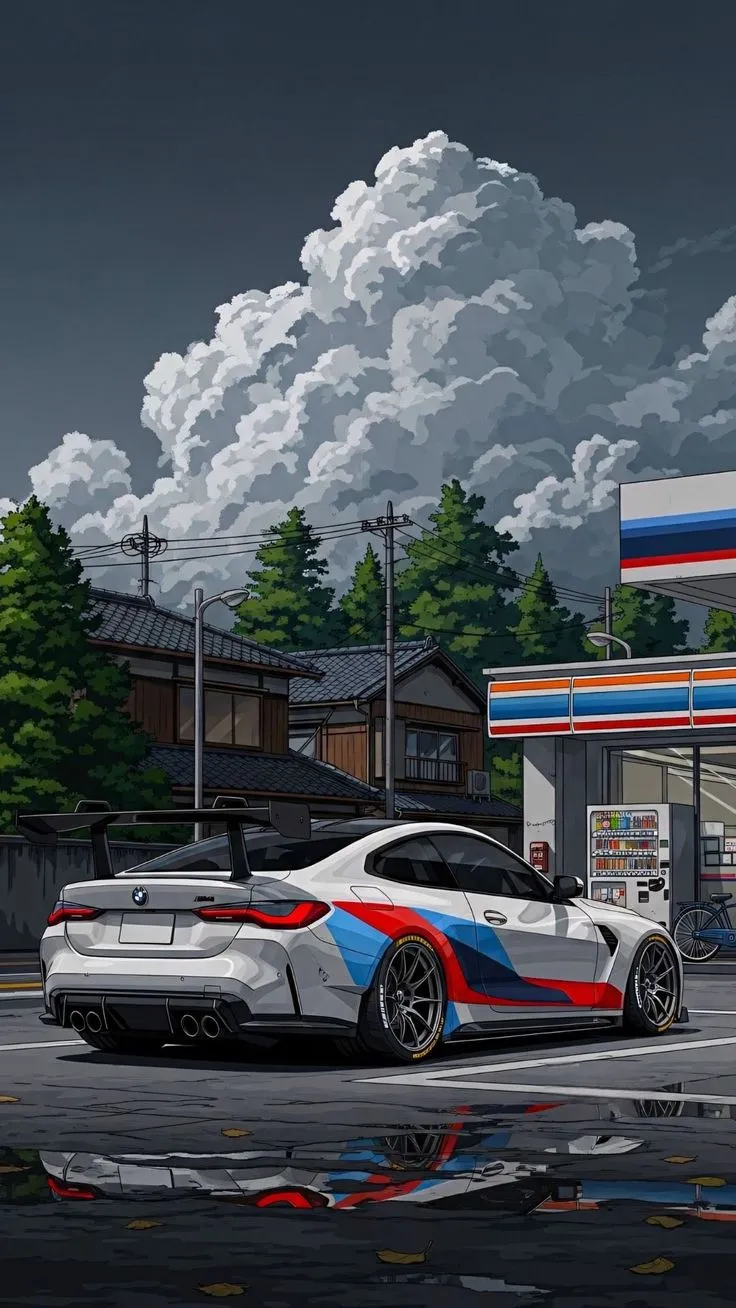 a painting of a white car parked in front of a gas station on a cloudy day