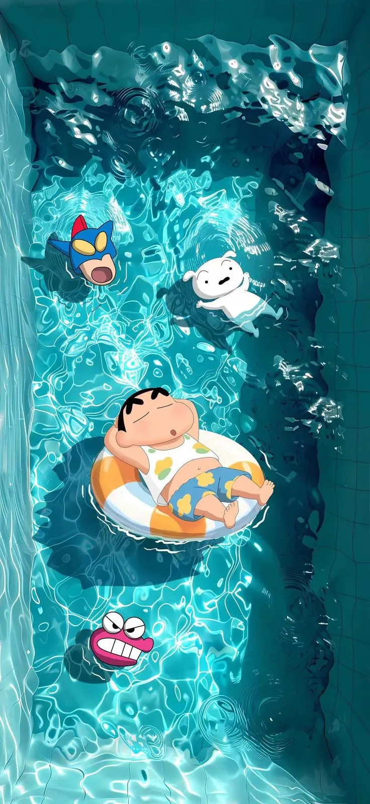 a cartoon character floating in the water with other characters around him and on an inner tube