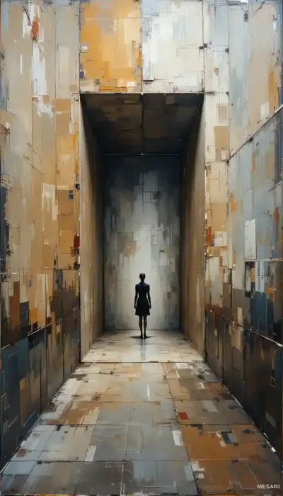 Crie uma obra inedita que apresenta um espaço arquitetônico diluído, semelhante a um átrio vazio, onde paredes e chão se fundem em planos silenciosos. Uma única figura semiabstrata é apenas sugerida, emergindo da própria matéria pictórica e se confundindo