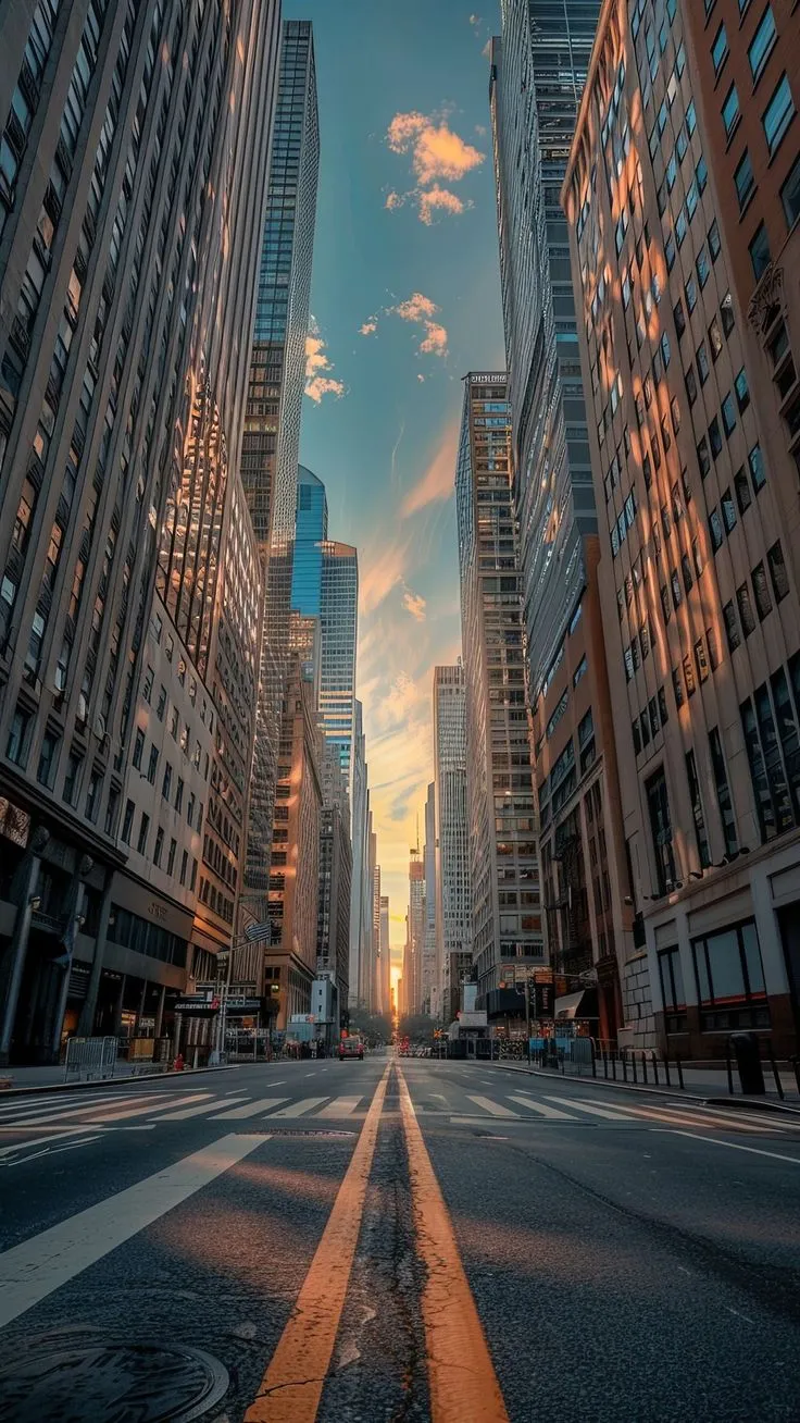 an empty city street with tall buildings in the background