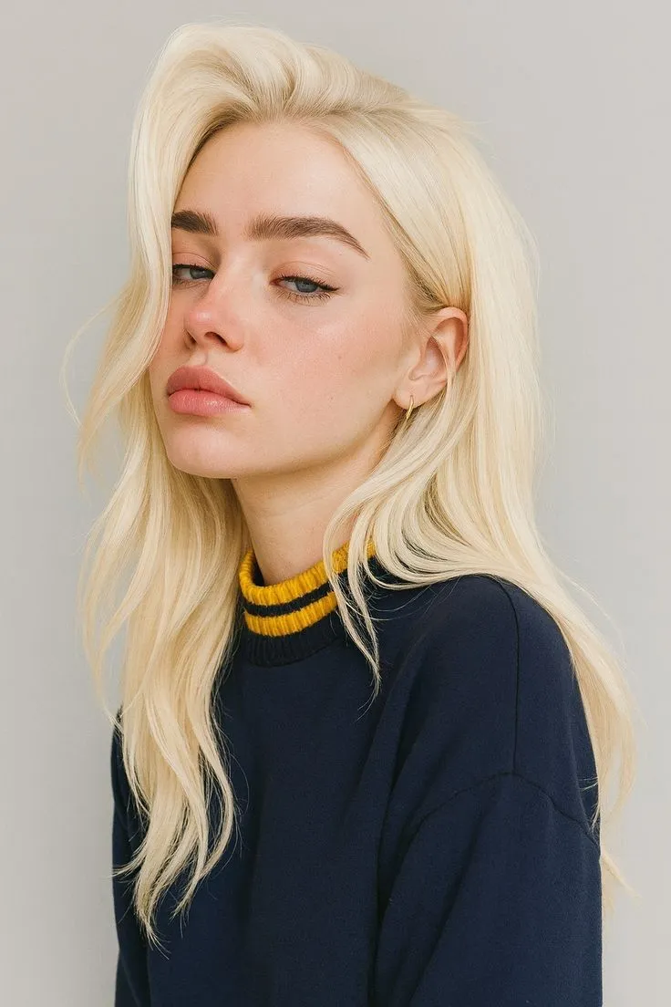 a woman with long blonde hair wearing a black sweater and yellow necklace, looking off to the side