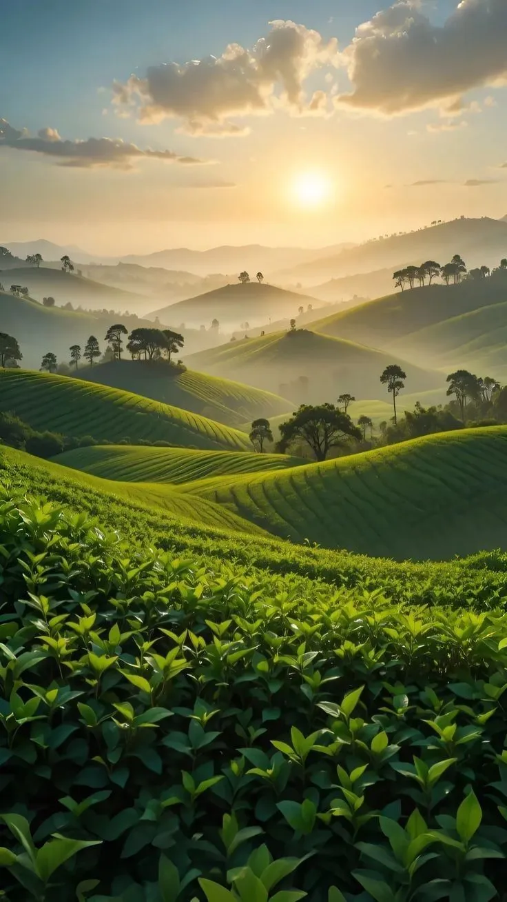 the sun shines brightly over rolling hills and tea bushes on a foggy morning