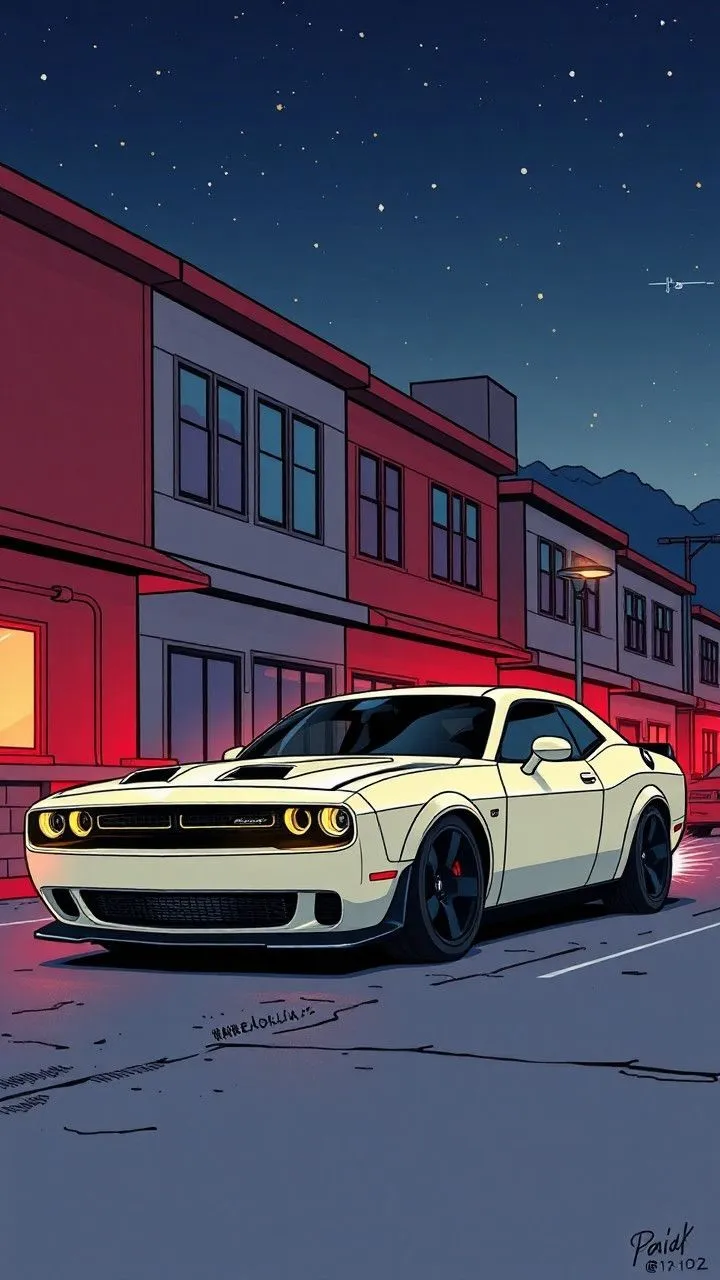 a white car parked in front of a red building