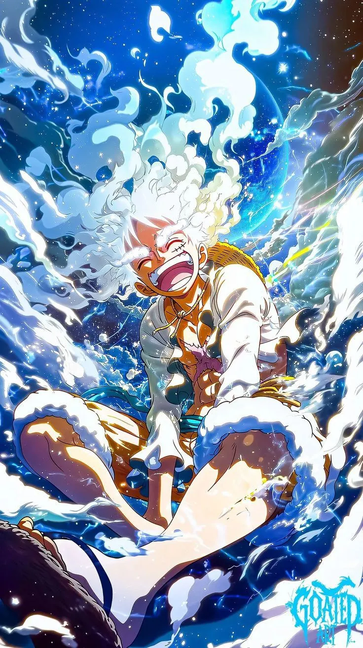 an anime character sitting in the water with his head above the water and looking at something