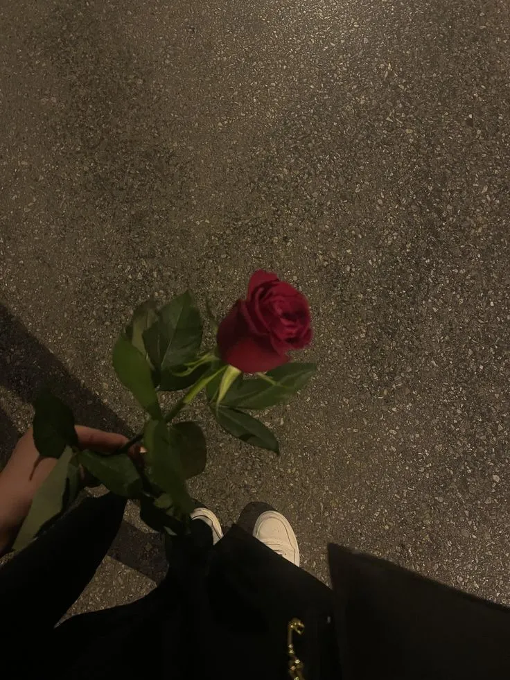 a person holding a red rose in their hand on the ground next to someone's feet