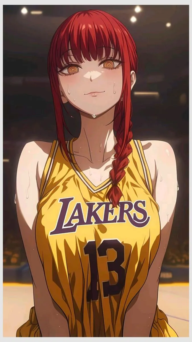 an anime character with red hair wearing a lakers jersey