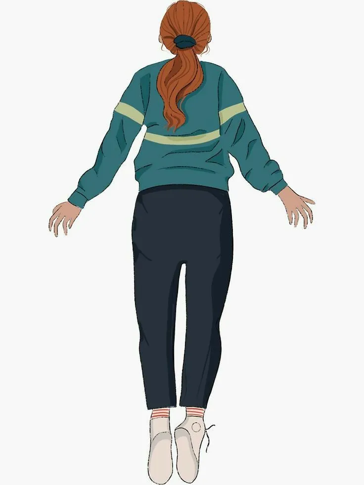 the back view of a woman's head and hands, with her arms outstretched