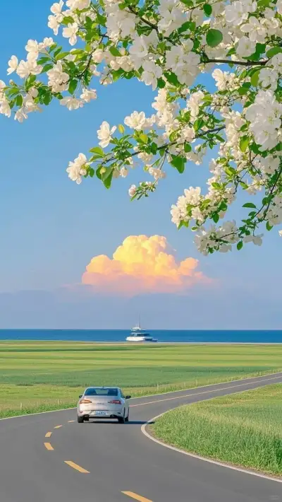 a white car driving down a road next to a lush green field filled with flowers