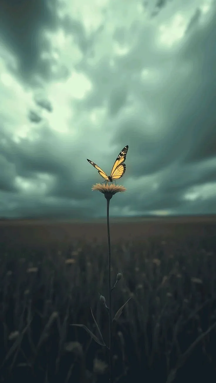 a yellow and black butterfly sitting on top of a flower in the middle of a field
