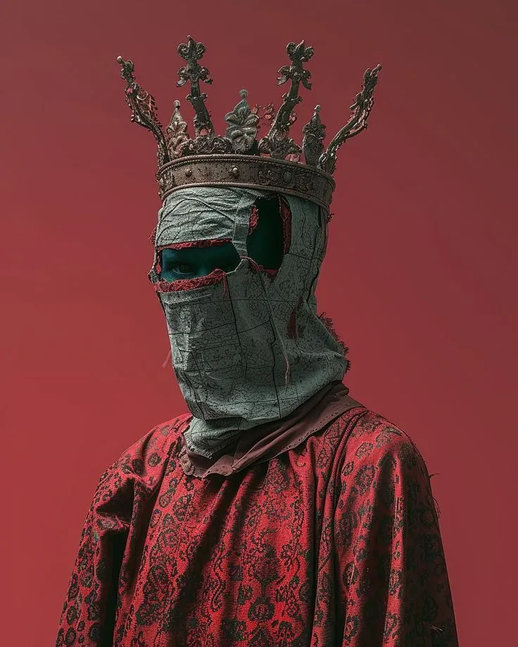 a man wearing a mask with a crown on his head