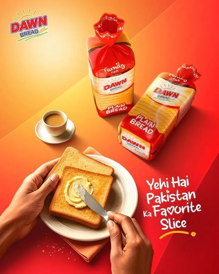 an advertisement for dawin bread with butter on it and someone holding a knife in front of the sandwich