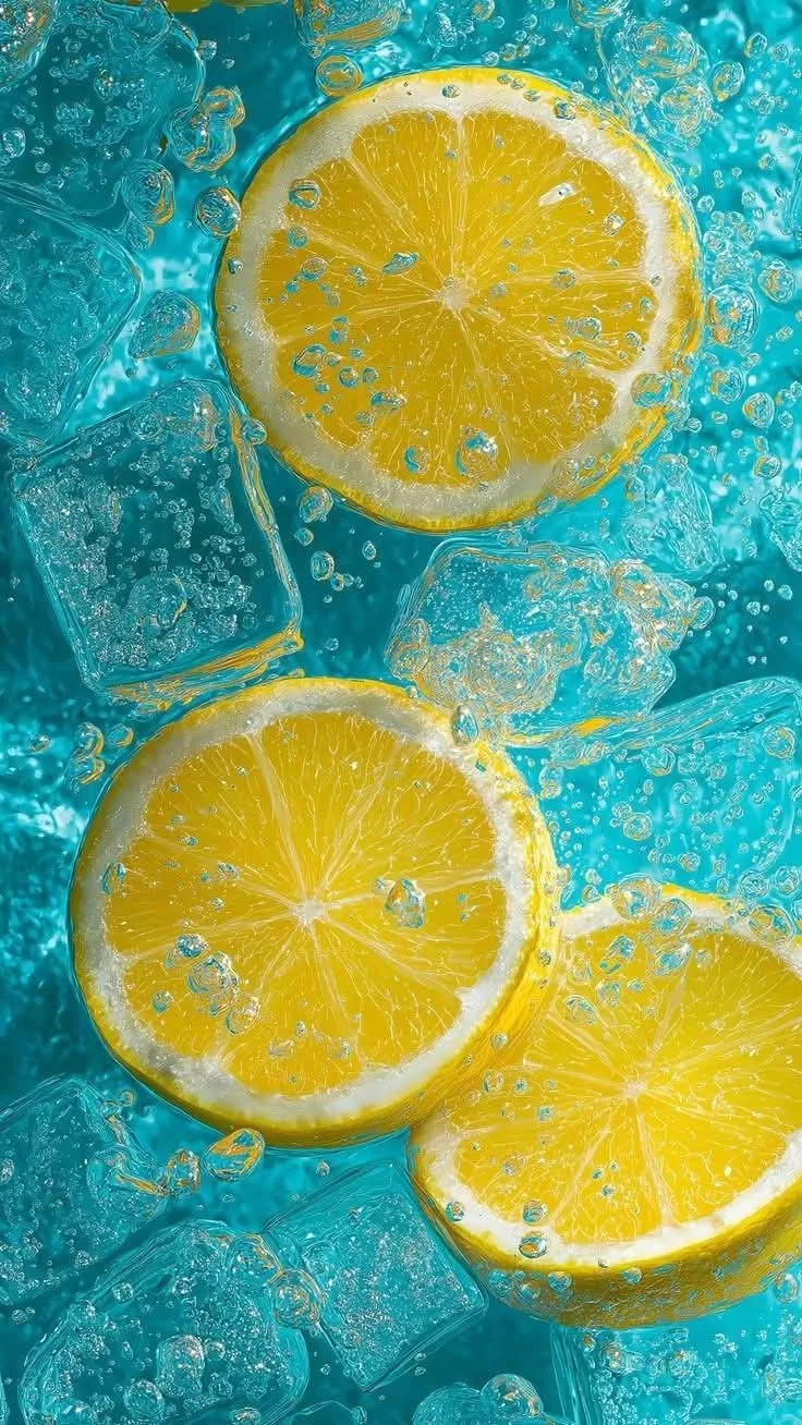 three lemons sitting on top of ice cubes with water splashing around them