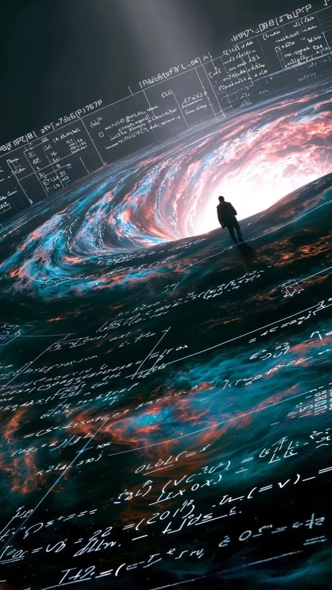 a man standing in the middle of a space filled with numbers and stars, surrounded by an image of a spiral