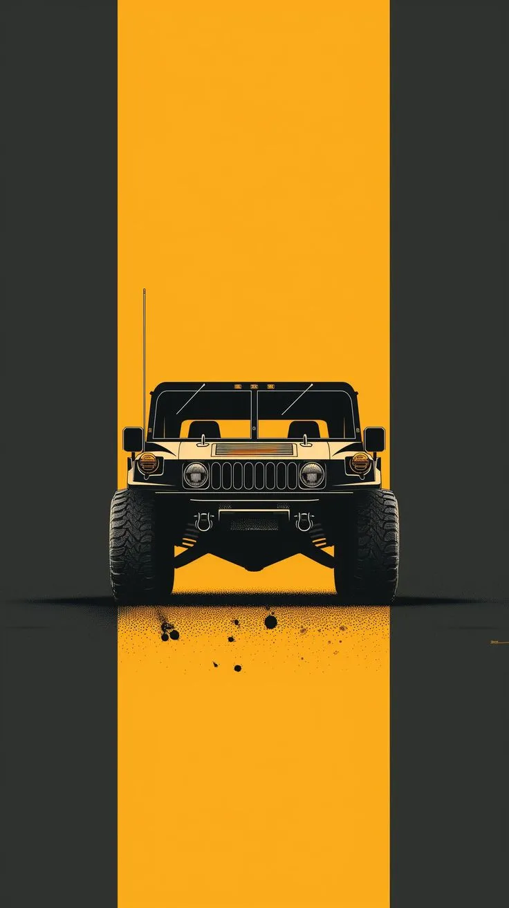 a black and yellow poster with a jeep on the side, in front of an orange background
