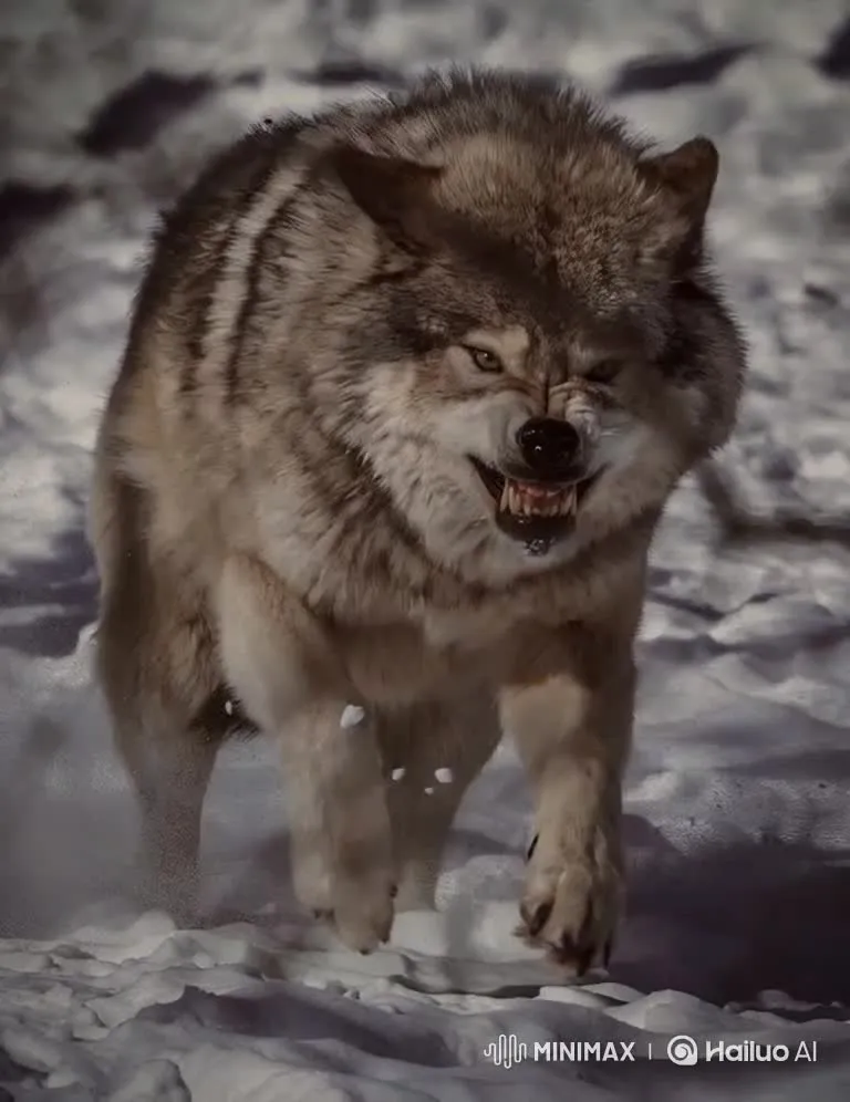 a wolf running through the snow with his mouth open