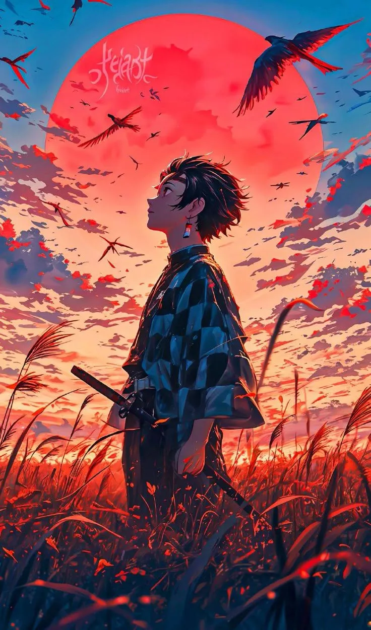 a man standing in the middle of a field with birds flying over him and an orange sun behind him