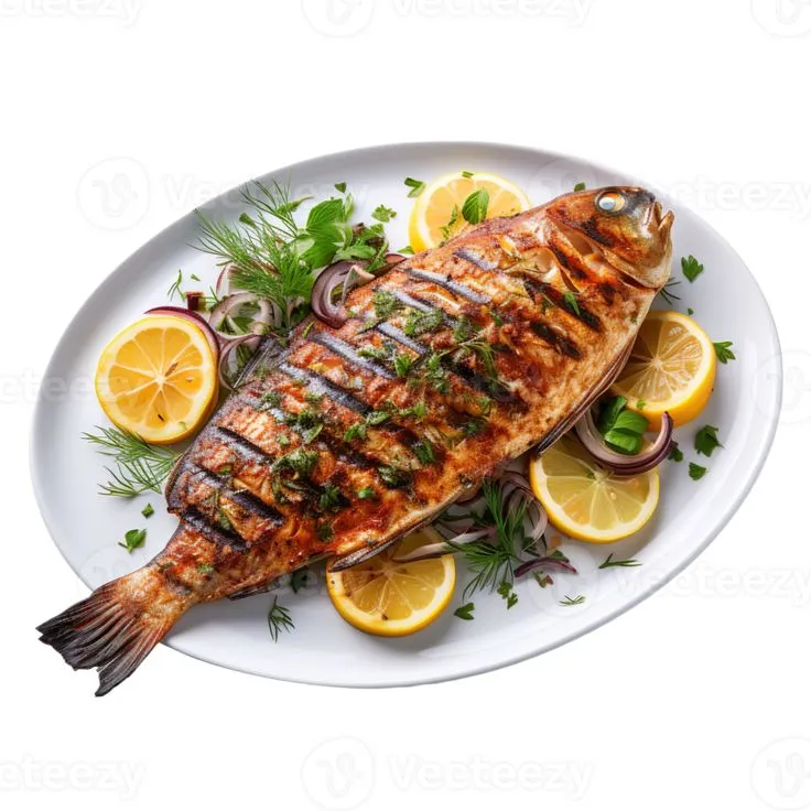 Download Grilled fish on a plate isolated on transparent background for free